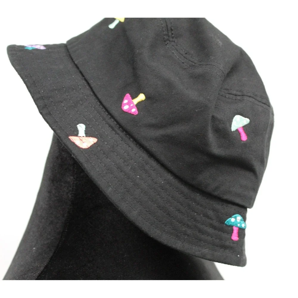 A-Lab Black Mushroom Embroidered Bucket Hat Cotton Streetwear Festival Cap